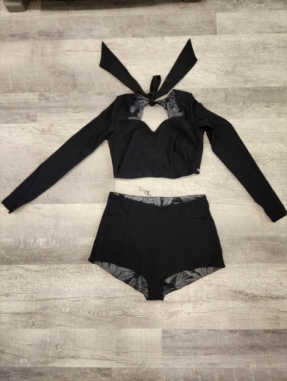 Popflex Swimsuit Black Rib Long-Sleeve Tie-Back Crop Top and Shorts 2X